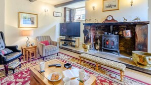 Una sala de estar con chimenea, televisión y zona de estar.