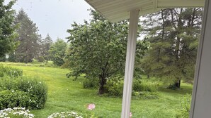 A covered porch with a view of a green lawn and trees.