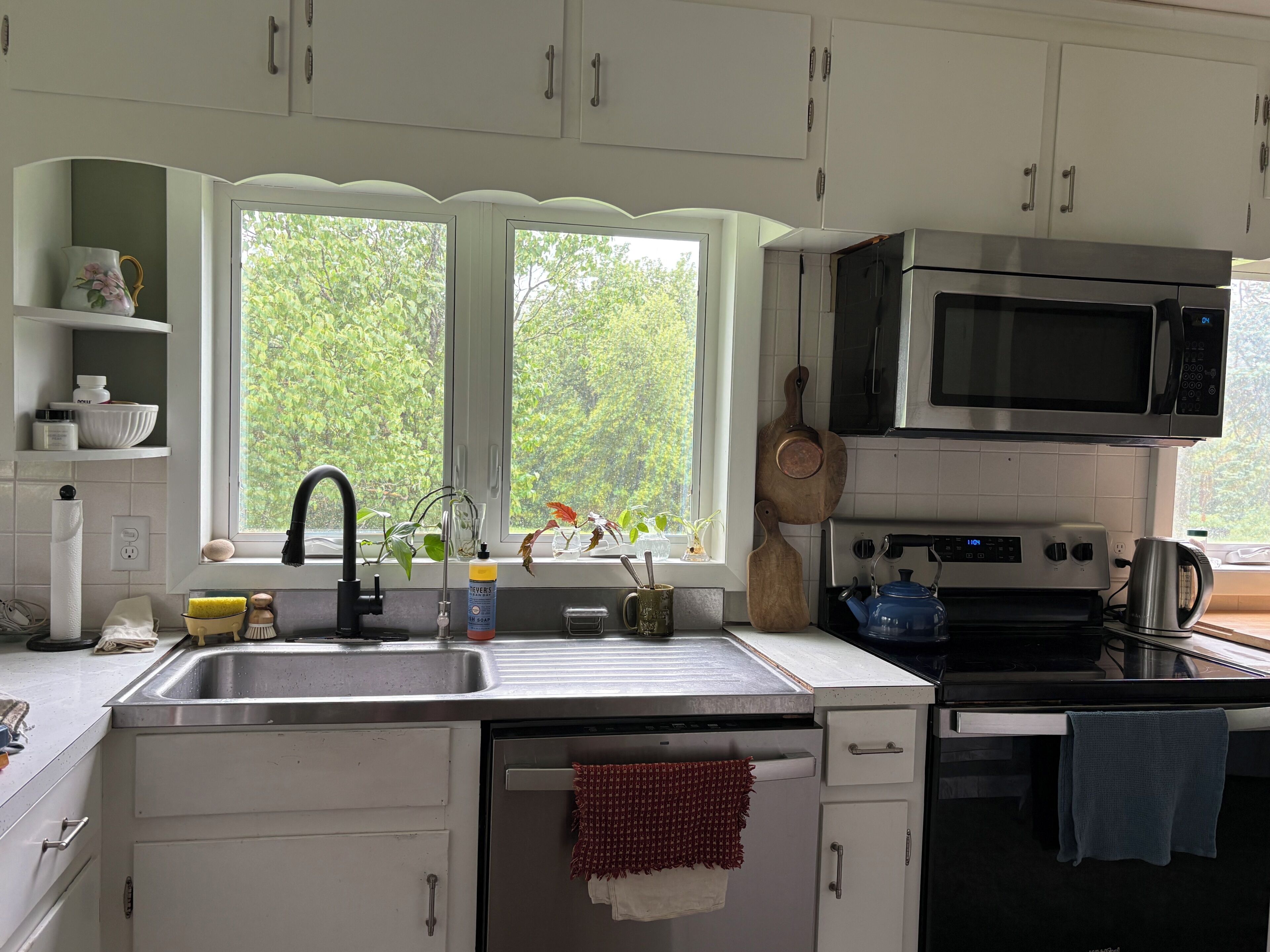 A kitchen with white cabinets, a stainless steel sink, a microwave, and a stove. There are plants on the windowsill and a red towel hanging on the oven door.