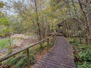 Een houten looppad dat leidt naar een eenvoudige vakantiehut in een bebost gebied.