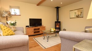 A living room with a fireplace, a television, and two sofas. - 2 Bed in West Linton (oc-76383) (West Linton)