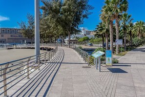 Um calçadão à beira-mar com grades de metal, palmeiras e uma praia ao fundo.