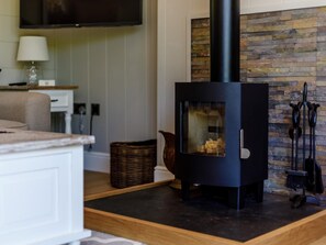 A modern living room with a black wood-burning stove, a flat-screen TV mounted above the fireplace, a wicker basket, and a fireplace tool rack. - 2 Bed in Ludlow (oc-78025) (Richards Castle)