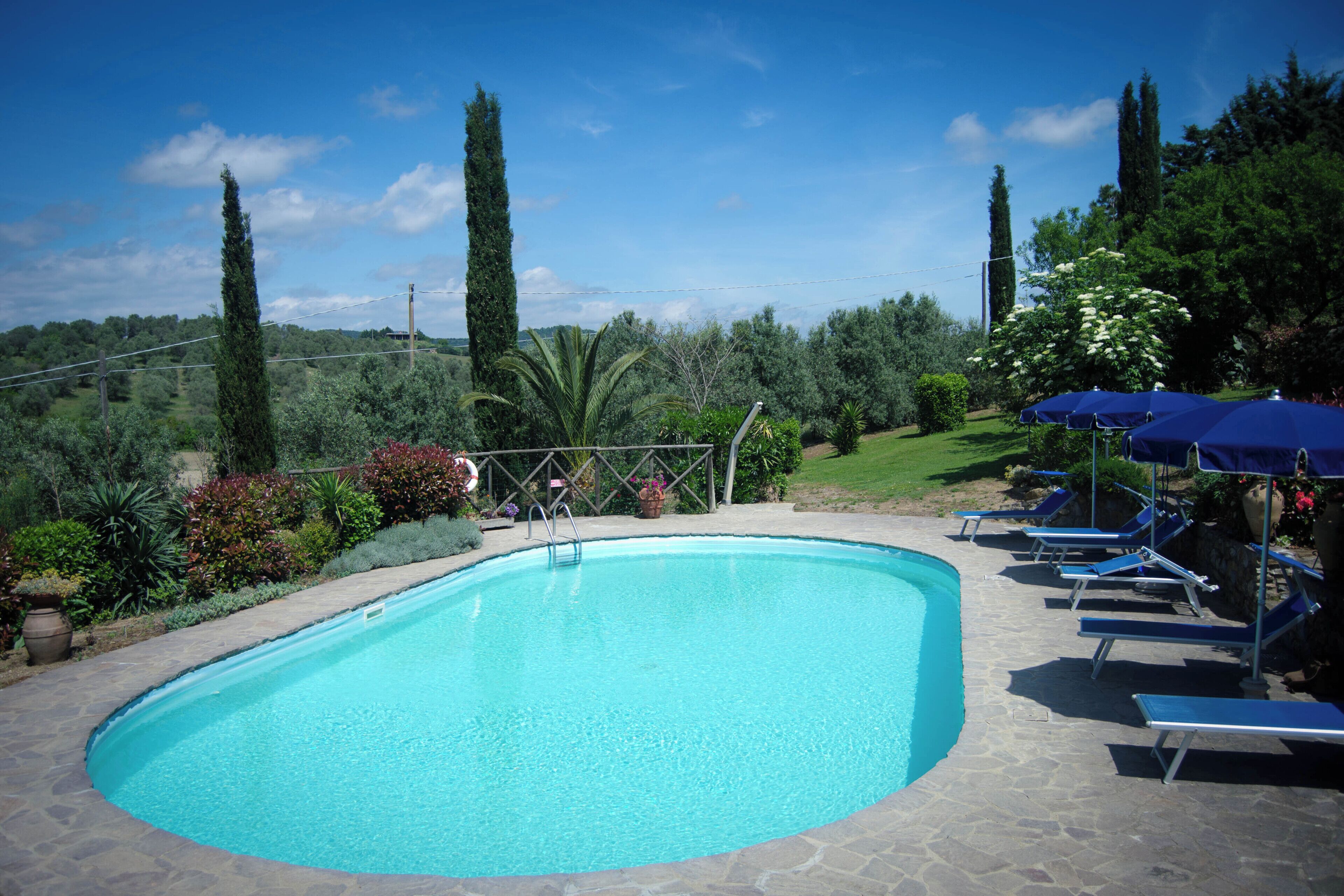 A swimming pool with a stone deck, surrounded by lounge chairs and umbrellas, and a view of trees and hills in the background.