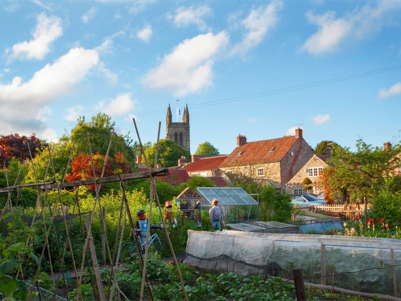 A rural setting with a stone house, a church, and a greenhouse.