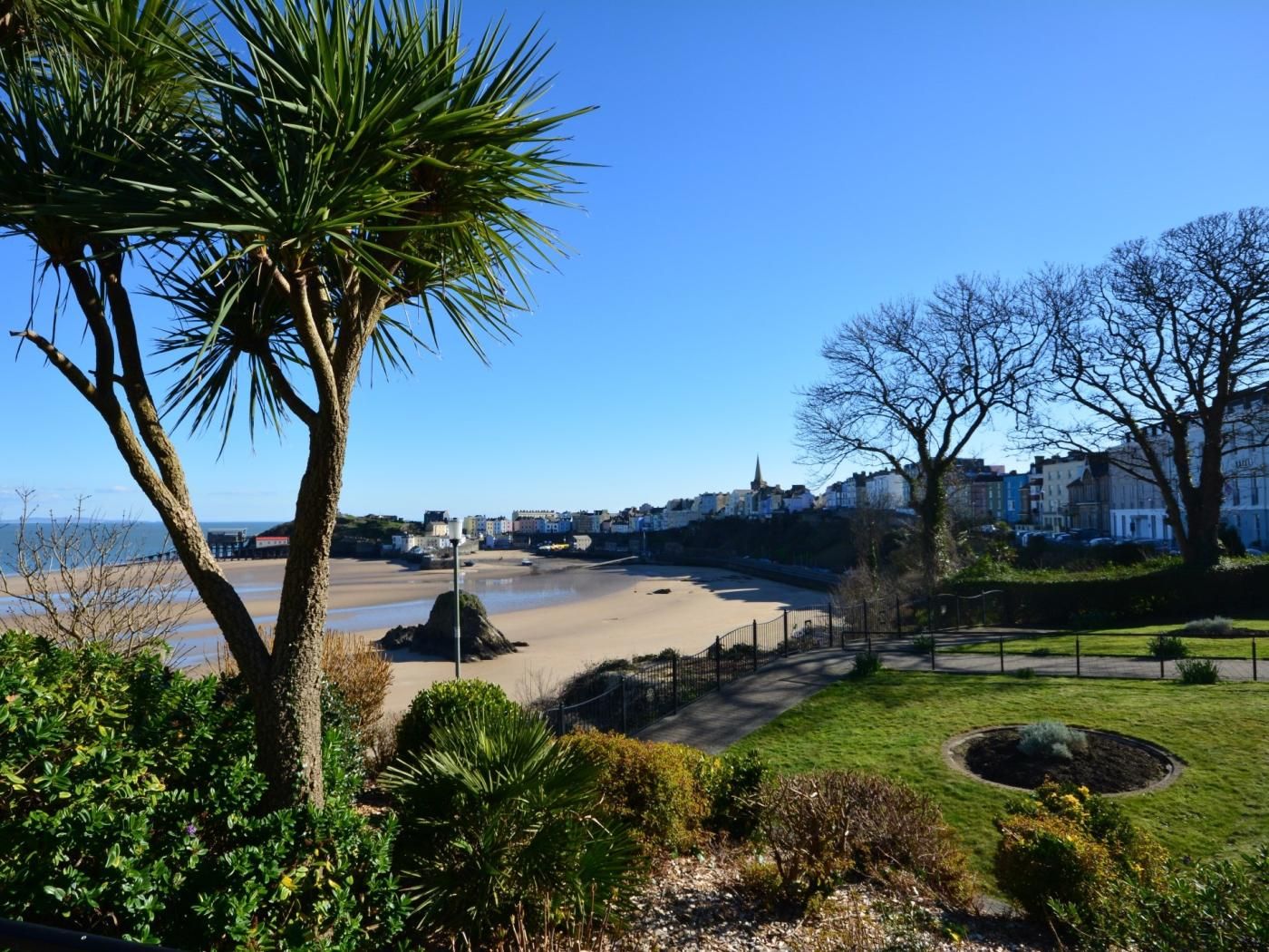 A coastal town with a sandy beach, a palm tree, and a grassy area with a circular flower bed.