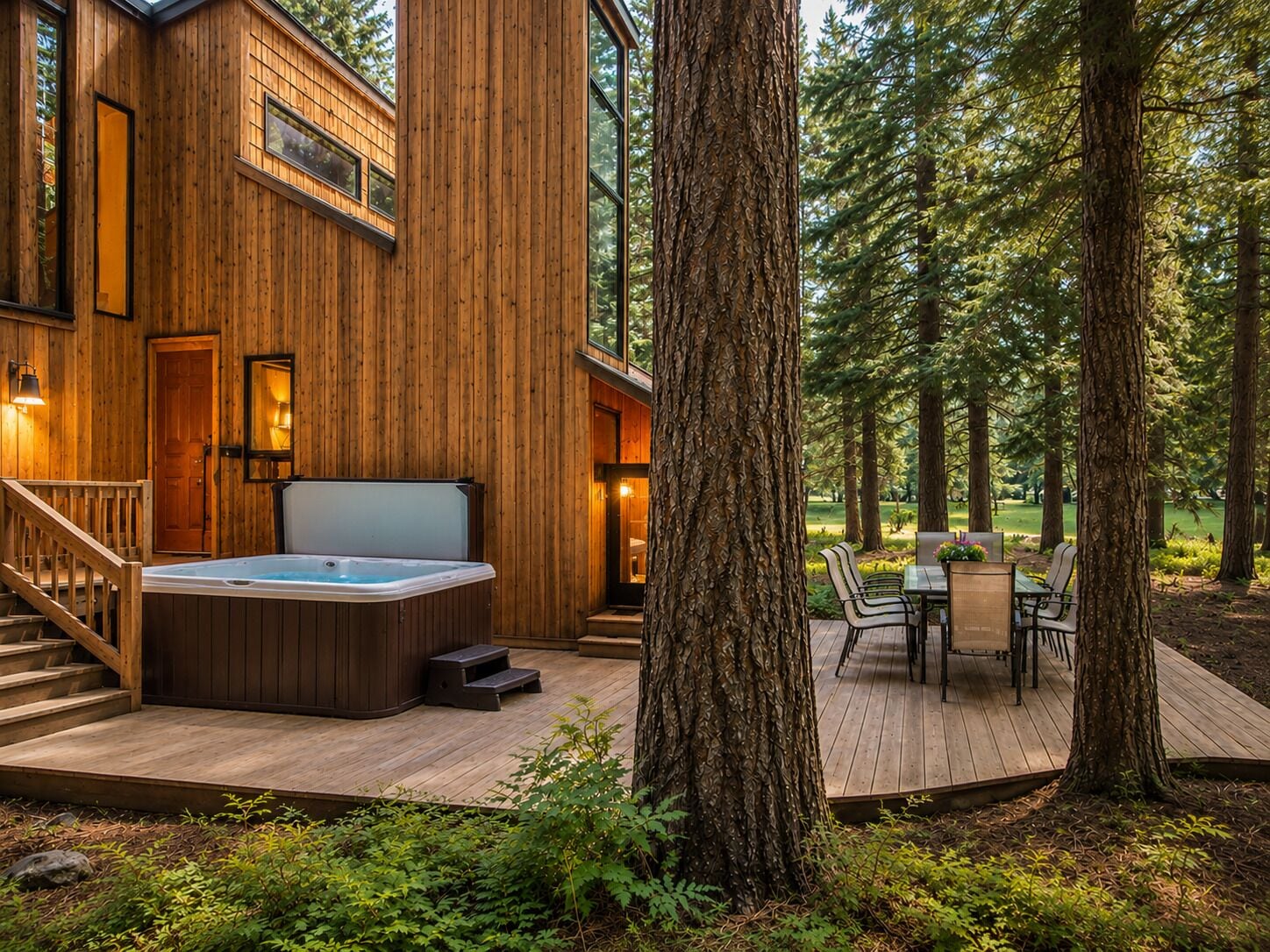 Une cabane en bois dotée d’un bain à remous, d’un espace salon extérieur et d’une terrasse entourée d’arbres.