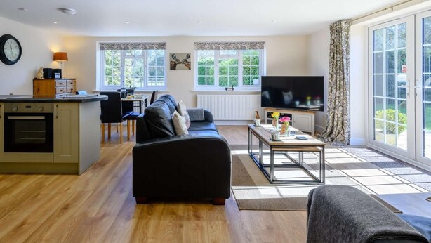 Ein stilvolles Wohnzimmer mit Sofa, Fernseher und Essbereich.