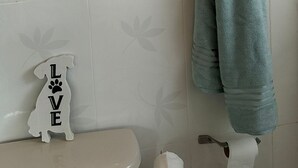 Un baño con inodoro, toallero con toalla y un cartel decorativo que dice 'LOVE'.