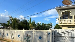 Propiedad resguardada por un muro decorativo con flores y estrellas pintadas, antena parabólica en el edificio, y un cielo azul despejado.