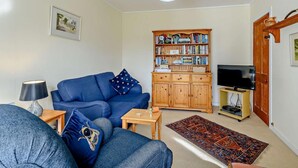 Uma sala de estar com um sofá azul, uma estante de madeira, uma televisão sobre um suporte e um tapete estampado.