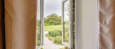 A window with a view of a garden and a tree.