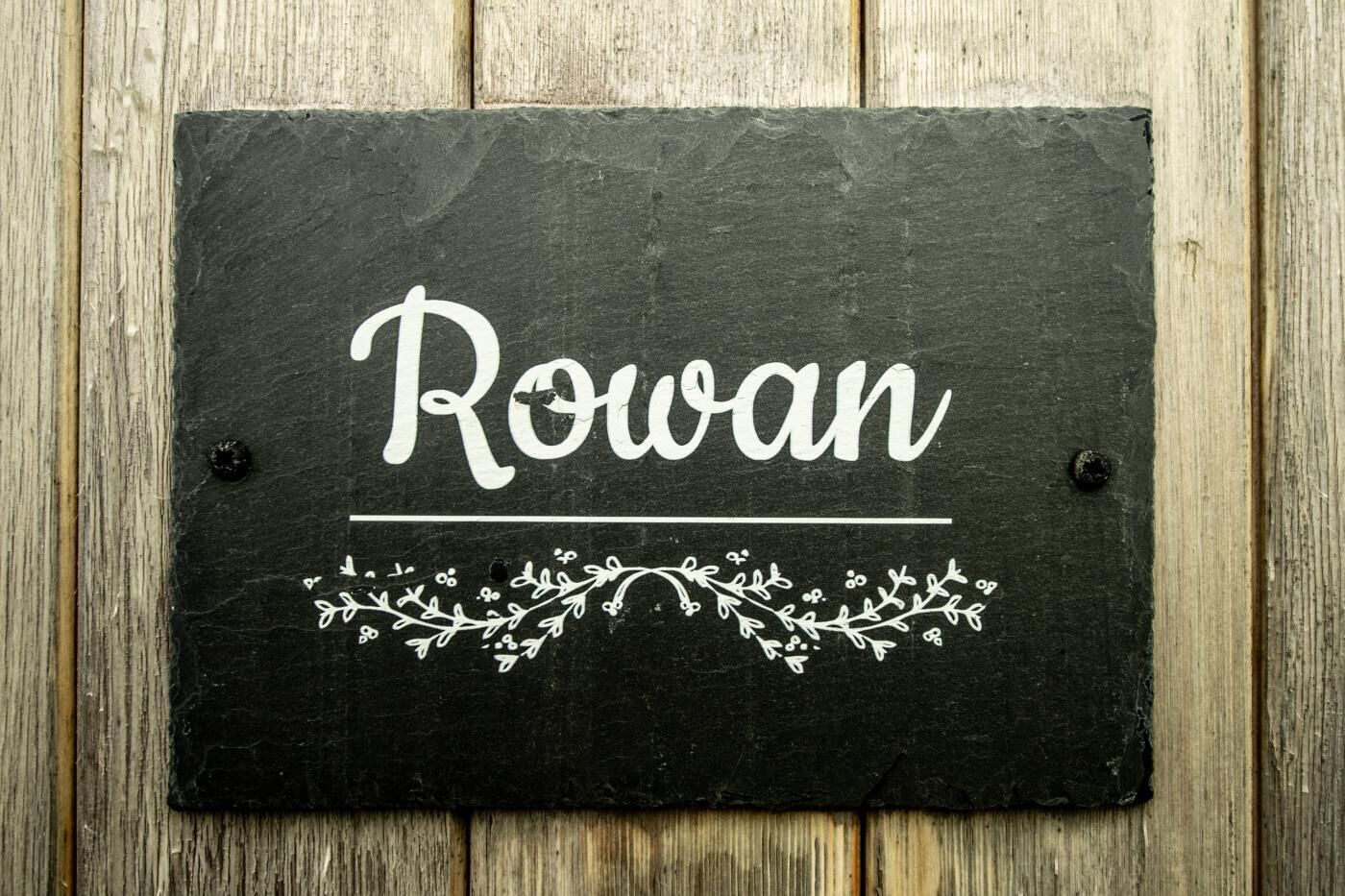 Ein graues Schild mit dem Namen 'Rowan' und dekorativen floralen Elementen.