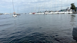 A marina with multiple sailboats docked.