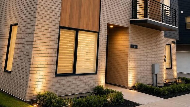 Un immeuble moderne à plusieurs étages, doté d’une façade en briques, de grandes fenêtres et d’un balcon.