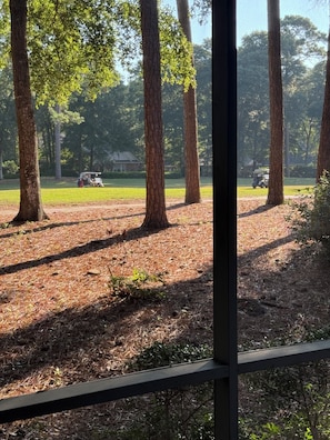 Visão pela janela com moldura de metal, mostrando uma área gramada com árvores e um carrinho de golfe ao longe.