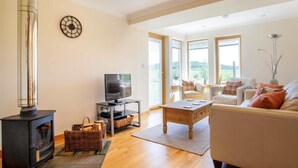 Una sala de estar con chimenea, televisor, sofá y ventanas amplias.