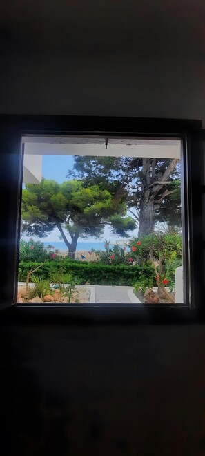 Una finestra con vista su un giardino, un grande albero e uno specchio d'acqua in lontananza.