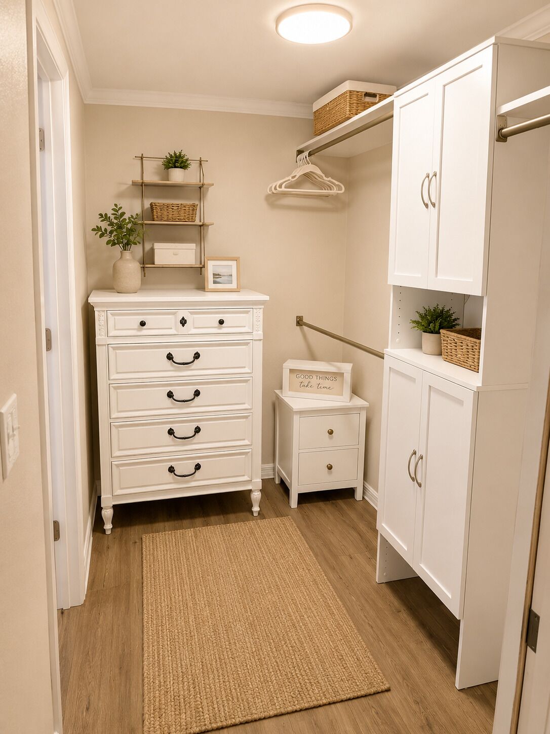 A narrow hallway with a white dresser, a small bedside table, and a cabinet.