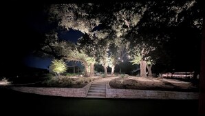 Espacio exterior nocturno con un sendero de piedra que conduce a una zona de estar bajo árboles, iluminado por luces en el suelo.