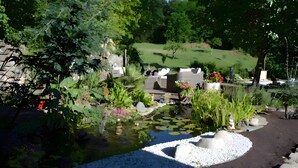 A garden with a pond, seating area, and a grassy field in the background. - Guest Room in Family Home – The Engraving Room at the Foot of the Monts d'Ardèche (Jaujac)