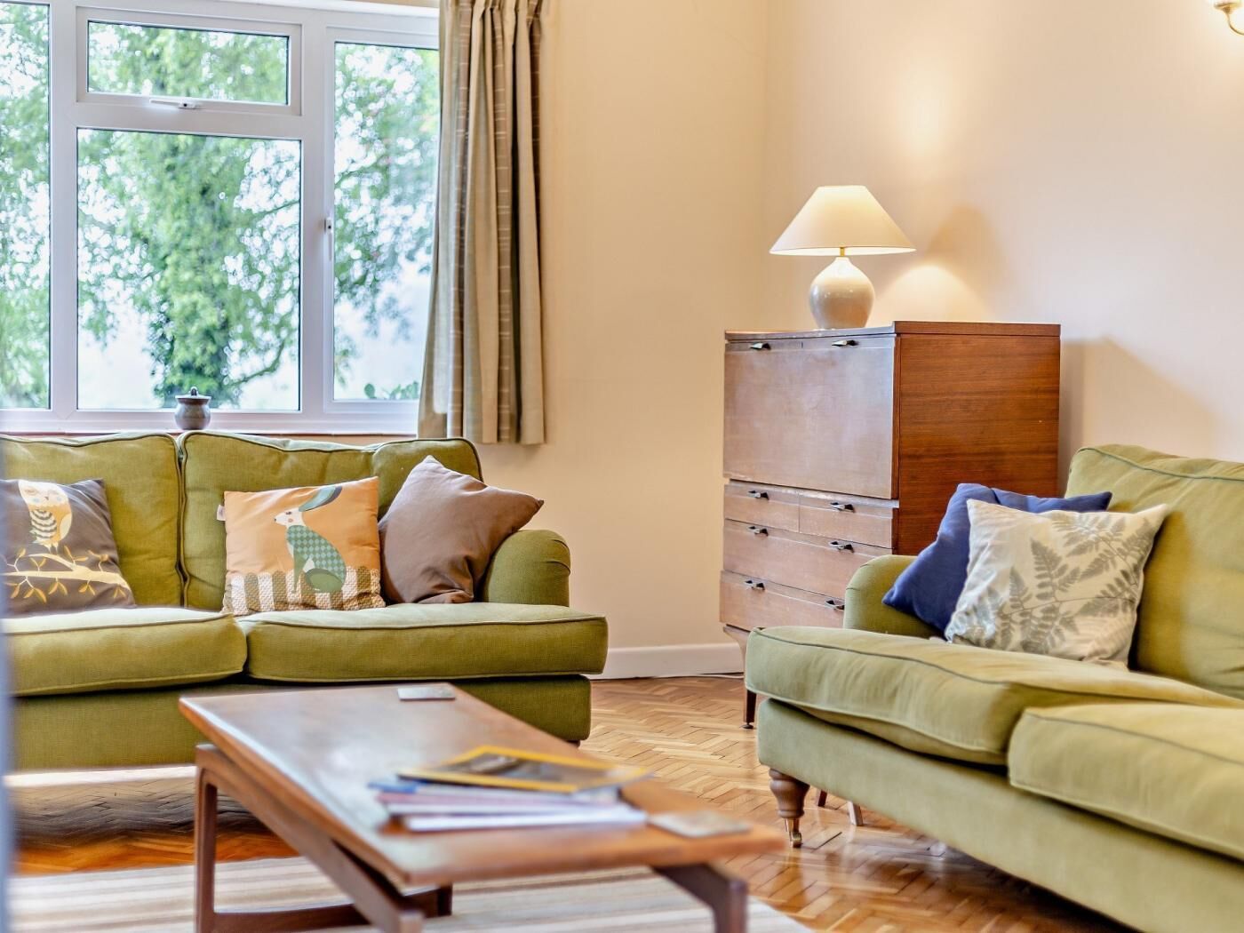 A living room with two green sofas, a wooden coffee table, and a cabinet with drawers.