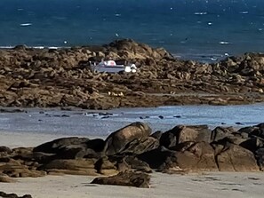 A rocky shoreline with a small building on the rocks, a sandy beach in the foreground, and the sea with boats in the distance. - The Seagulls of the Shore (Saint-Jean-de-Monts)