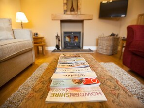 A living room with a sofa, a fireplace, a television, and a magazine rack. - 1 Bed in Howden (oc-g0181) (Saltmarshe)
