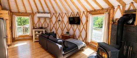 Une pièce confortable avec un canapé, une télévision, une cheminée et une fenêtre donnant sur un espace verdoyant.