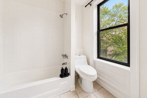 Hair dryer, towels, soap, toilet paper