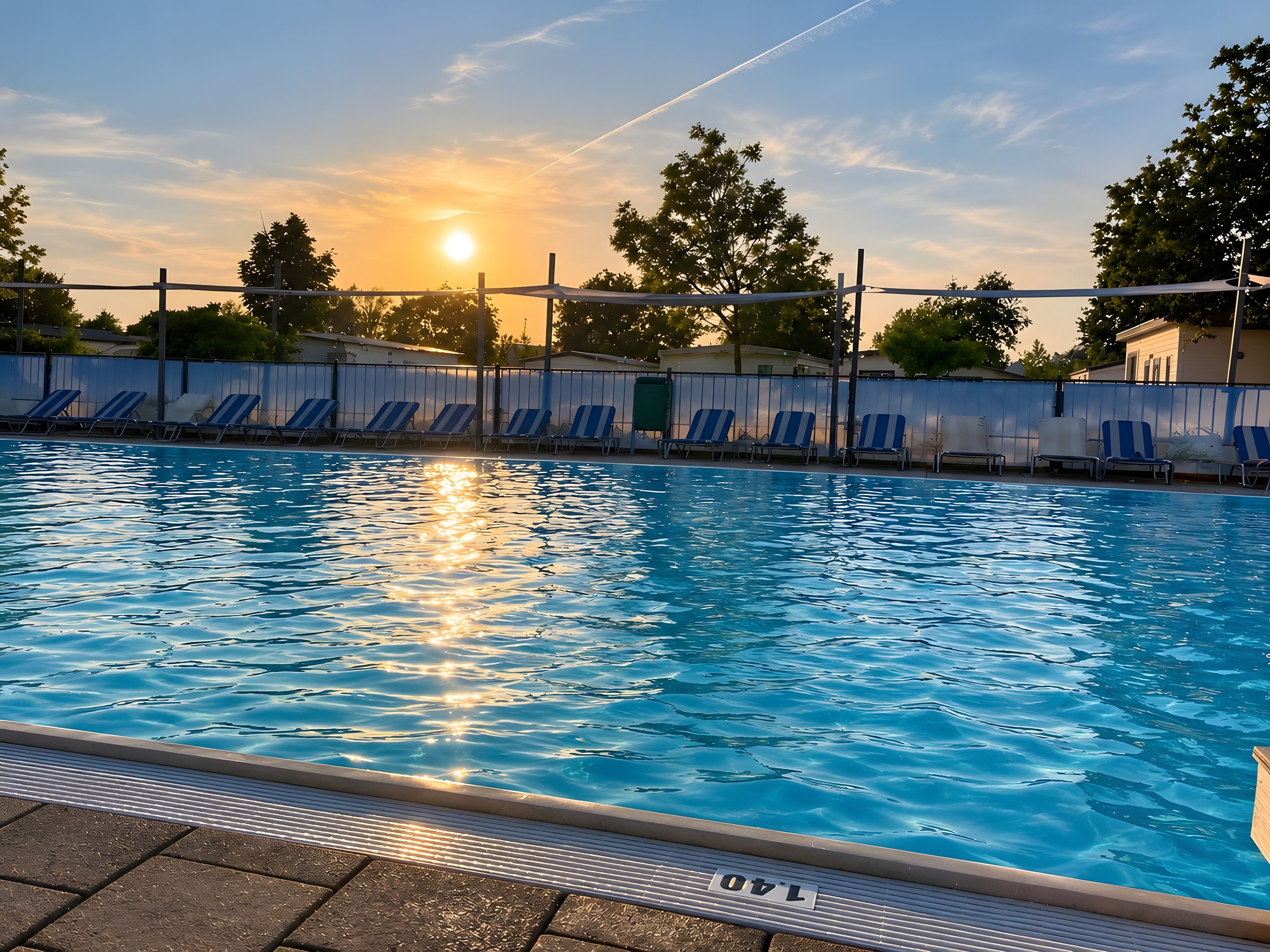 A swimming pool with lounge chairs and a fence, with the sun setting in the background.
