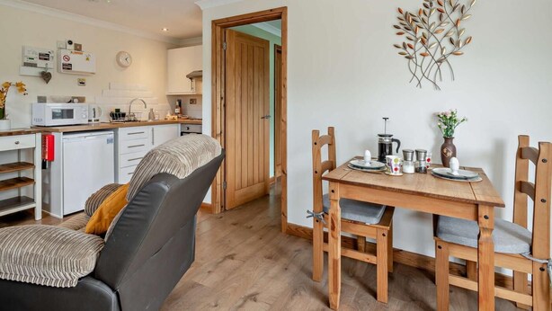 Un espacio habitable compacto con kitchenette, una zona de comedor con mobiliario de madera y un elemento decorativo en la pared.