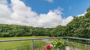 Ein Balkon mit Blick auf ein grünes Feld und Bäume, ein runder Tisch mit Tischdecke mit Sternenmuster und zwei Vasen mit Blumen.