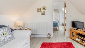 Ein modernes Schlafzimmer im Loft-Stil mit schrägen Wänden, einem weißen Heizkörper, einem TV-Möbel und einem roten Teppich.