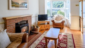 Ein Wohnzimmer mit Kamin, Fernseher, Sofa und Blick auf Grün durch große Fenster.