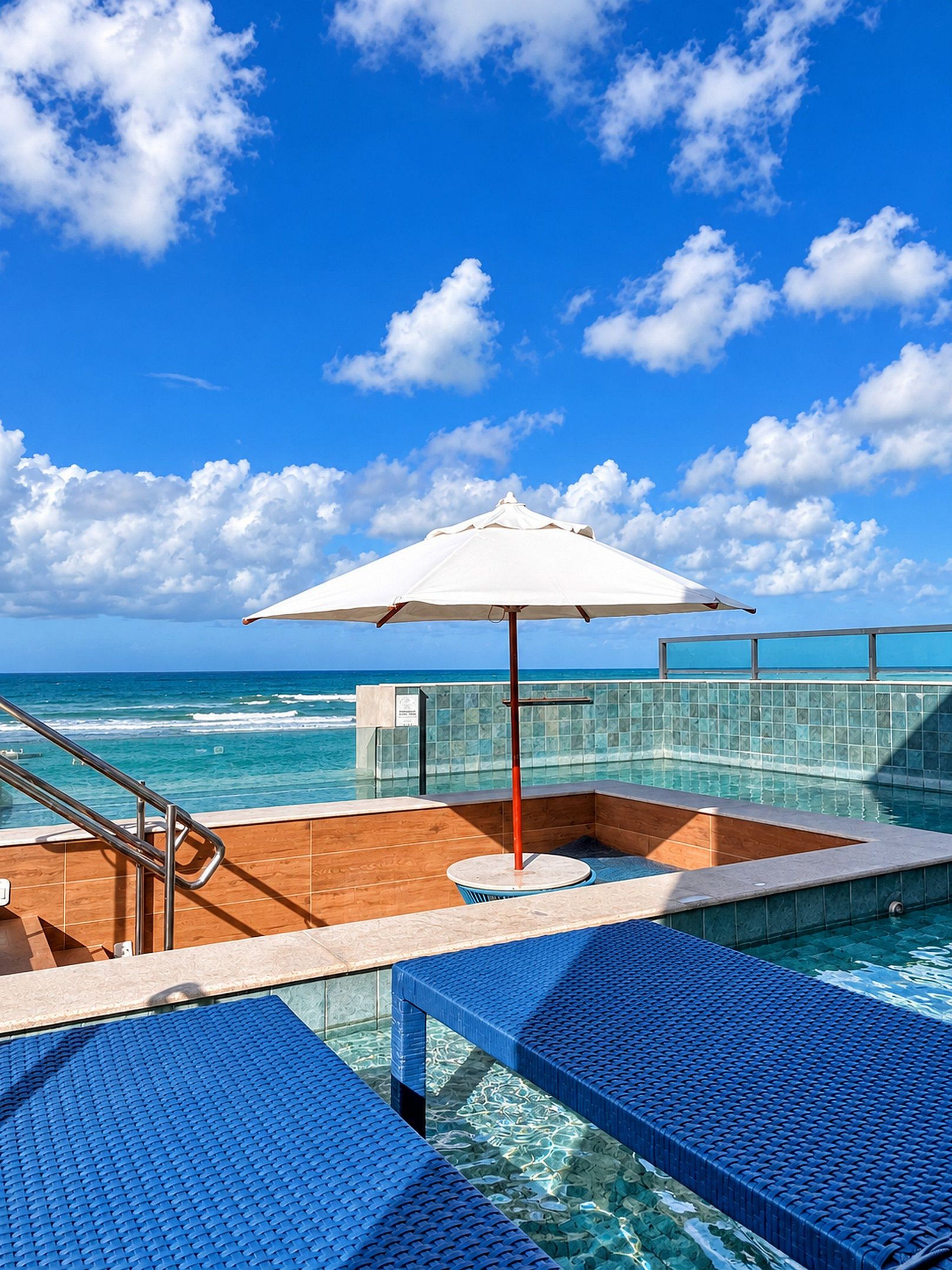 A poolside area with a view of the ocean, a white umbrella, and blue lounge chairs.