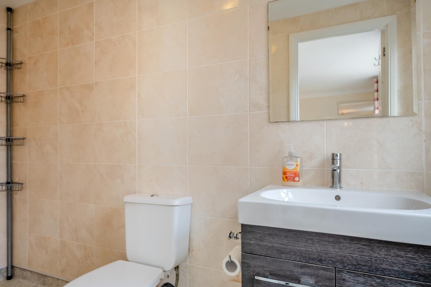 A bathroom with a toilet, a sink, and a mirror.