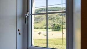Ett fönster med utsikt över ett lantligt landskap, inklusive åkrar och träd.