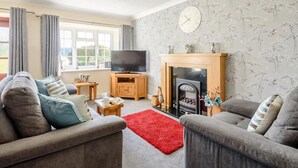 Ein Wohnzimmer mit Kamin, Fernseher und zwei Sofas.