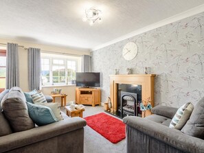 A living room with a fireplace, a television, and two sofas. - 1 Bed in Conwy (oc-79357) (Ty'n-y-groes)