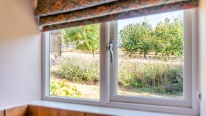 Una ventana con vista a un jardín, un banco de madera y una puerta.