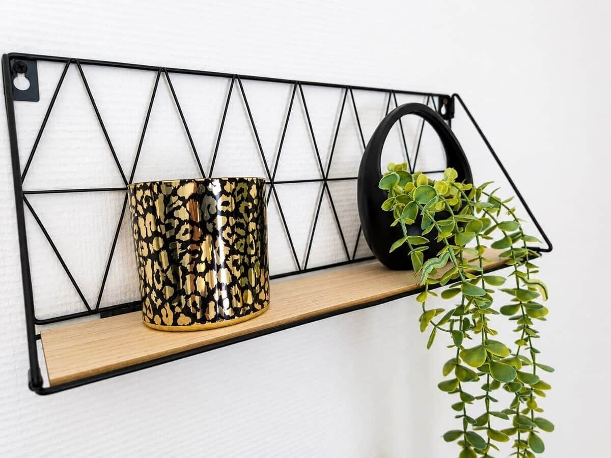 A shelf with a geometric metal frame, a patterned container, and a hanging plant.