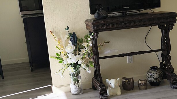 Ein Wohnzimmer mit einem Fernseher auf einem Schrank, einem Ziertisch mit Eule-Figuren und einer Vase mit weißen Blumen.