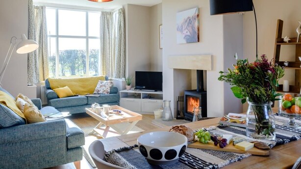 Ein gemütliches Wohnzimmer mit Sofa, Couchtisch, Kamin und Fernseher.