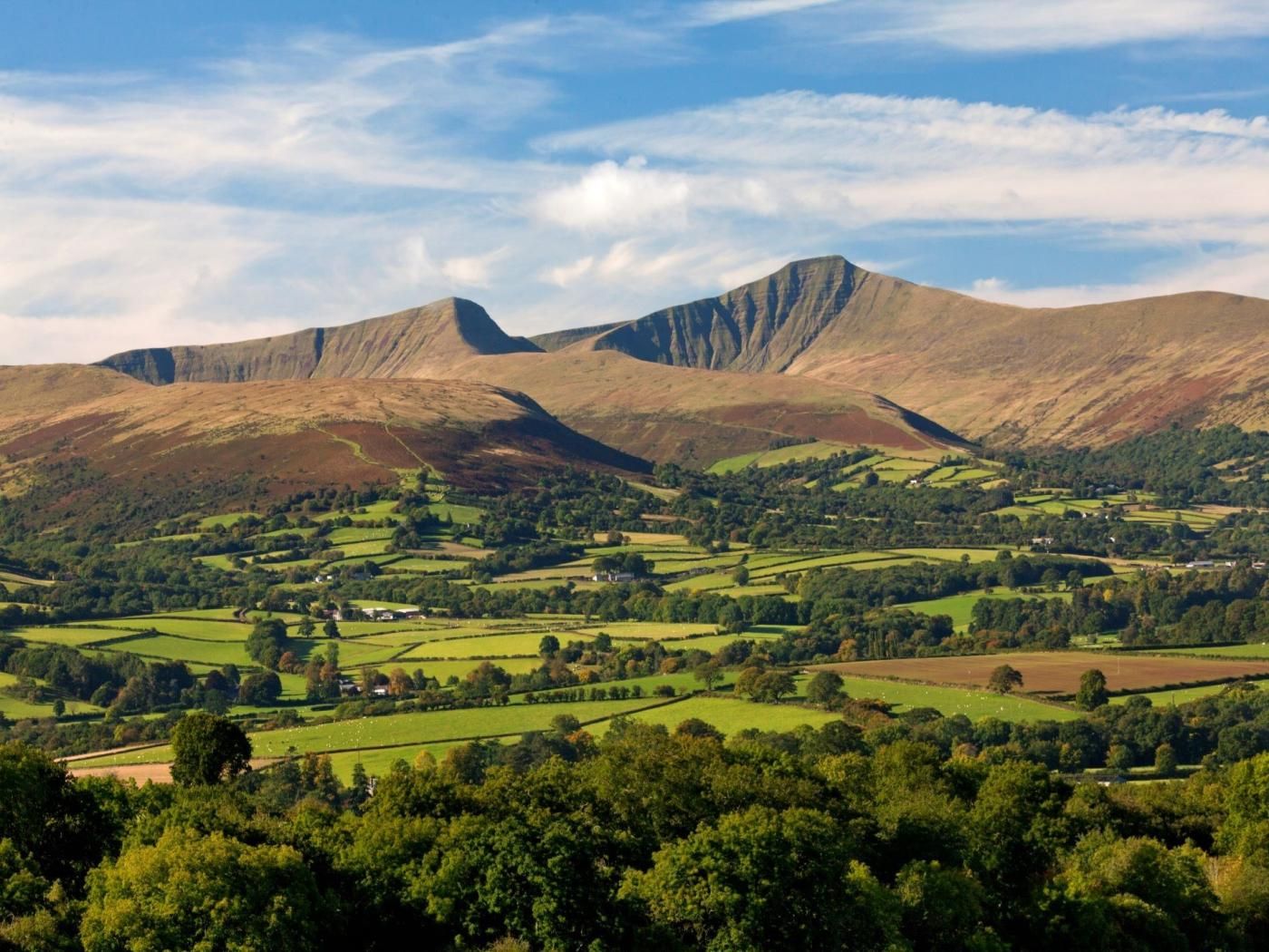 A mountainous landscape with rolling green fields and scattered trees.