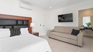 Una habitación de hotel con cama, sofá, televisor, espejo y baño.