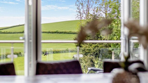 Comedor con vista a un paisaje verde y colinas.