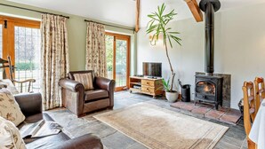Ein gemütliches Wohnzimmer mit Kamin, Ledersofa und einer Topfpflanze.