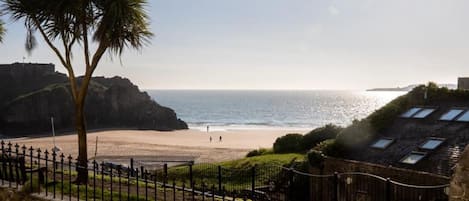 A coastal view with a beach, a palm tree, and a stone wall with a fence.