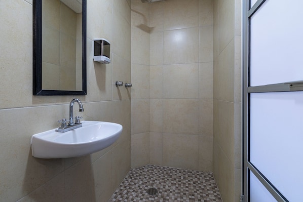 A bathroom with a white sink, a mirror, and a shower area.